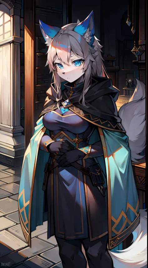 Assassin's Cloak，Big-tailed wolf，Gray hair，blue color eyes，female，long whitr hair