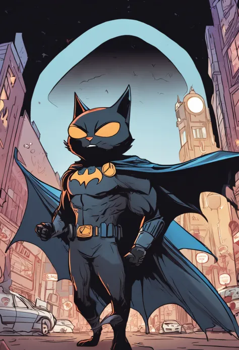 An anthropomorphic blond cat with light fur and expressive blue eyes, walking upright wearing a bat-themed superhero costume. He wears a black bat mask that covers his feline facial features, with pointed ears. His face shows a prominent white mustache. We...