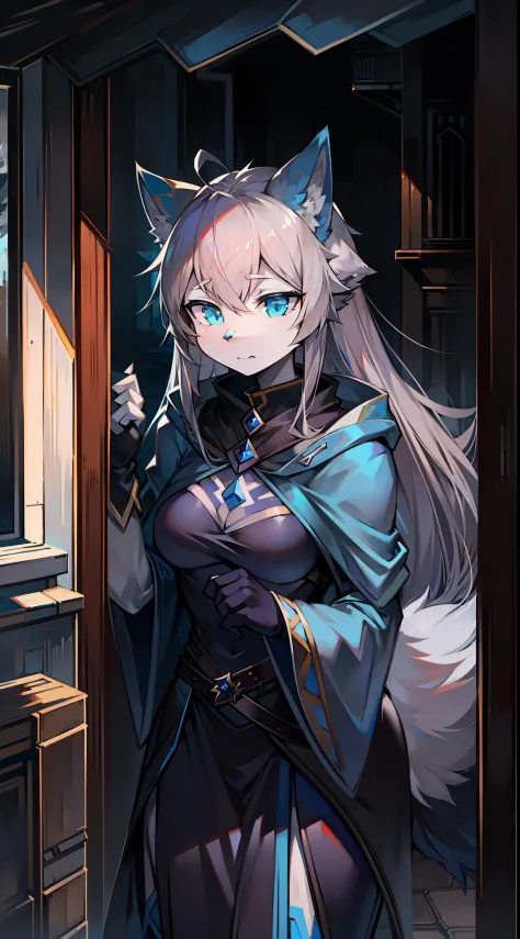 Assassin's Cloak，Big-tailed wolf，Gray hair，blue color eyes，female，long whitr hair