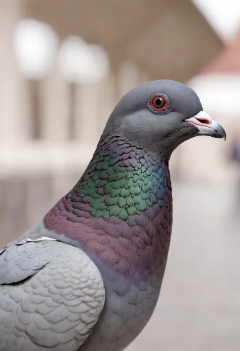"Generate a realistic image of a pigeon resting comfortably on the shoulder of an out-of-focus person, with the focus on the pigeon. The person's torso should be visible in the frame, and the scene should be set against a plain white background. The perspe...