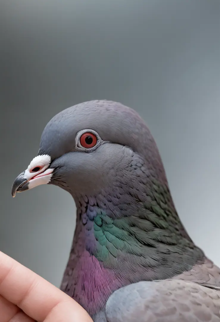 "Generate a realistic image of a pigeon resting comfortably on the shoulder of an out-of-focus person, with the focus on the pigeon. The person's torso should be visible in the frame, and the scene should be set against a plain white background. The perspe...