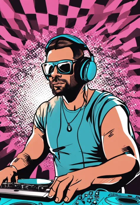 Man in headphones and sunglasses white man, apontando para um laptop, DJ em uma festa, DJ, Conjunto de DJ, Retrato de Lucha Libre DJ, DJING com toca-discos DJ, ELECTRONIC MUSIC, foto de perfil 1024px, tocando techno house music, modo pixar