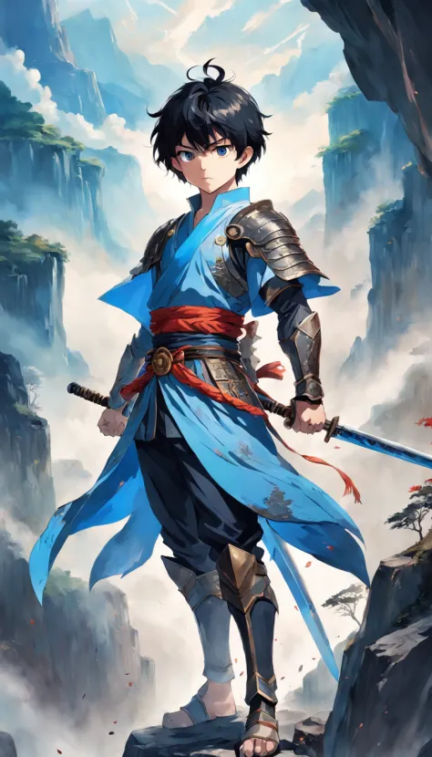 full body portrait of an asian warrior, 1boy, detailed face, short black hair, blue eyes, enchanted spear, good proportions, standing on cliff, dynamic pose, looking at viewer, wearing armor, background with smoke, colosseum, masterpiece, 2d art, HDR, wate...
