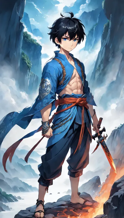 full body portrait of an asian warrior, 1boy, detailed face, short black hair, blue eyes, enchanted spear, good proportions, standing on cliff, dynamic pose, looking at viewer, wearing armor, background with smoke, colosseum, masterpiece, 2d art, HDR, wate...