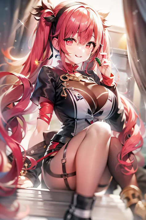 blacksilk, red hair, twintails, long hair, pink hairband, sparkling eyes, red eyes, smile, seductive smile, anime style, cinematic lighting, depth of field, feet in the frame, UHD, masterpiece, textured skin, super detail, high details, high quality, award...