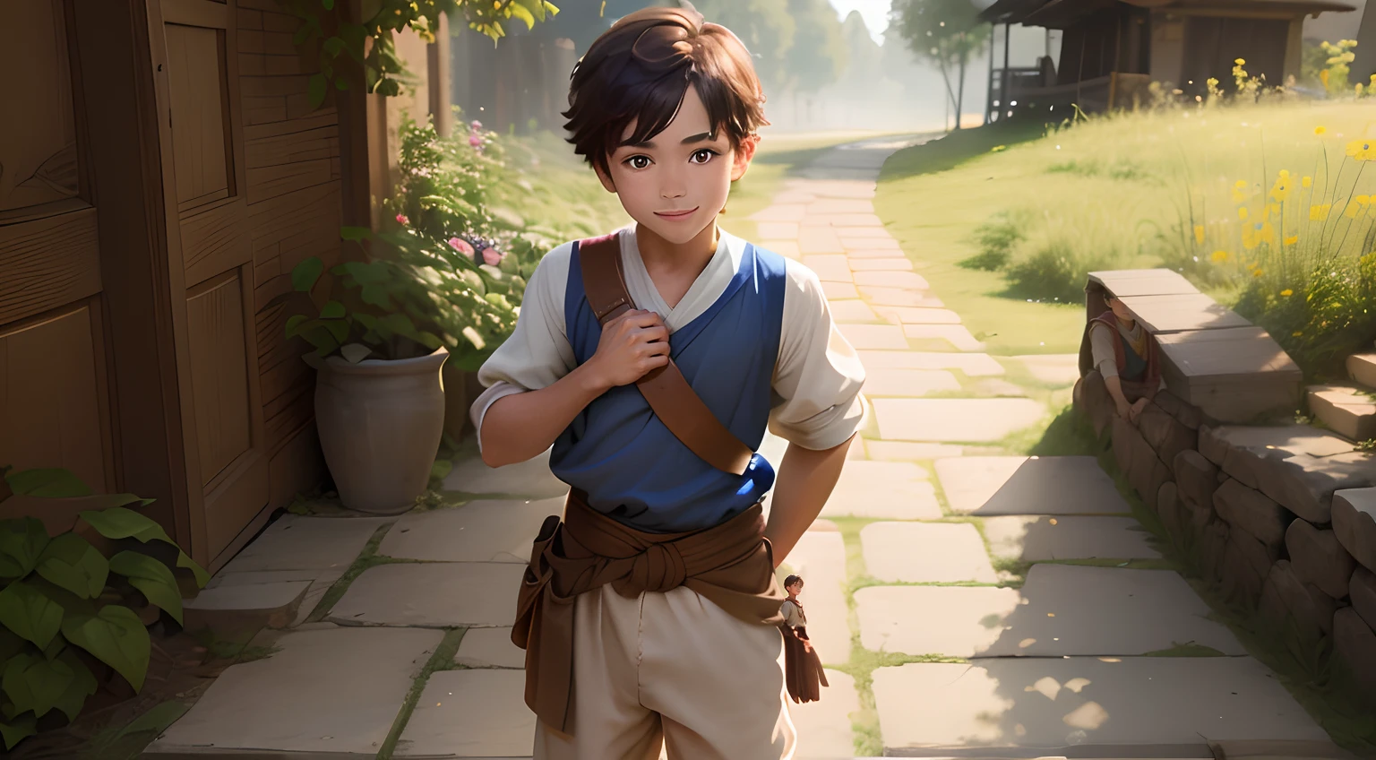 One fine morning, a young and curious villager named Ethan approached Master Eldric with a humble request: "Master, I yearn to improve my life each day. Can you guide me on this journey?" Handsome young boy, cute and curious and friendly, humble, joyful, light smile, full body shot