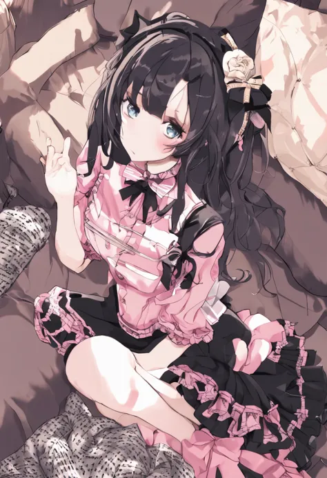 best qualtiy、Live Action、realisitic、girl with、asian human、Mine Makeup、Kabukicho、pink there、A black、Platform loafers、knee high socks、A dark-haired、Long、Patsun、bow ribbon、Gothic lolita、cute little、Beautie、enticing、natta、looks sleepy、boredom