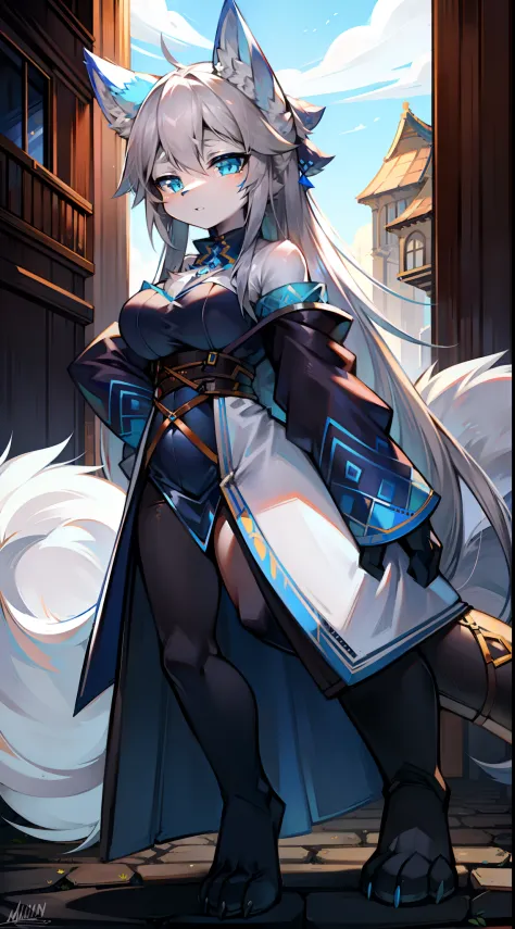 Western Regions costumes，Big-tailed wolf，Gray hair，blue color eyes，female，long whitr hair