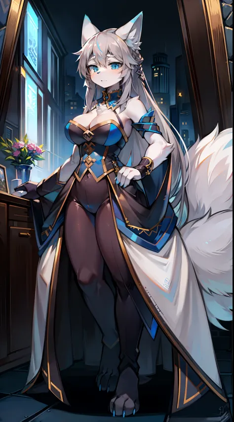 Western Regions costumes，Big-tailed wolf，Gray hair，blue color eyes，female，long whitr hair