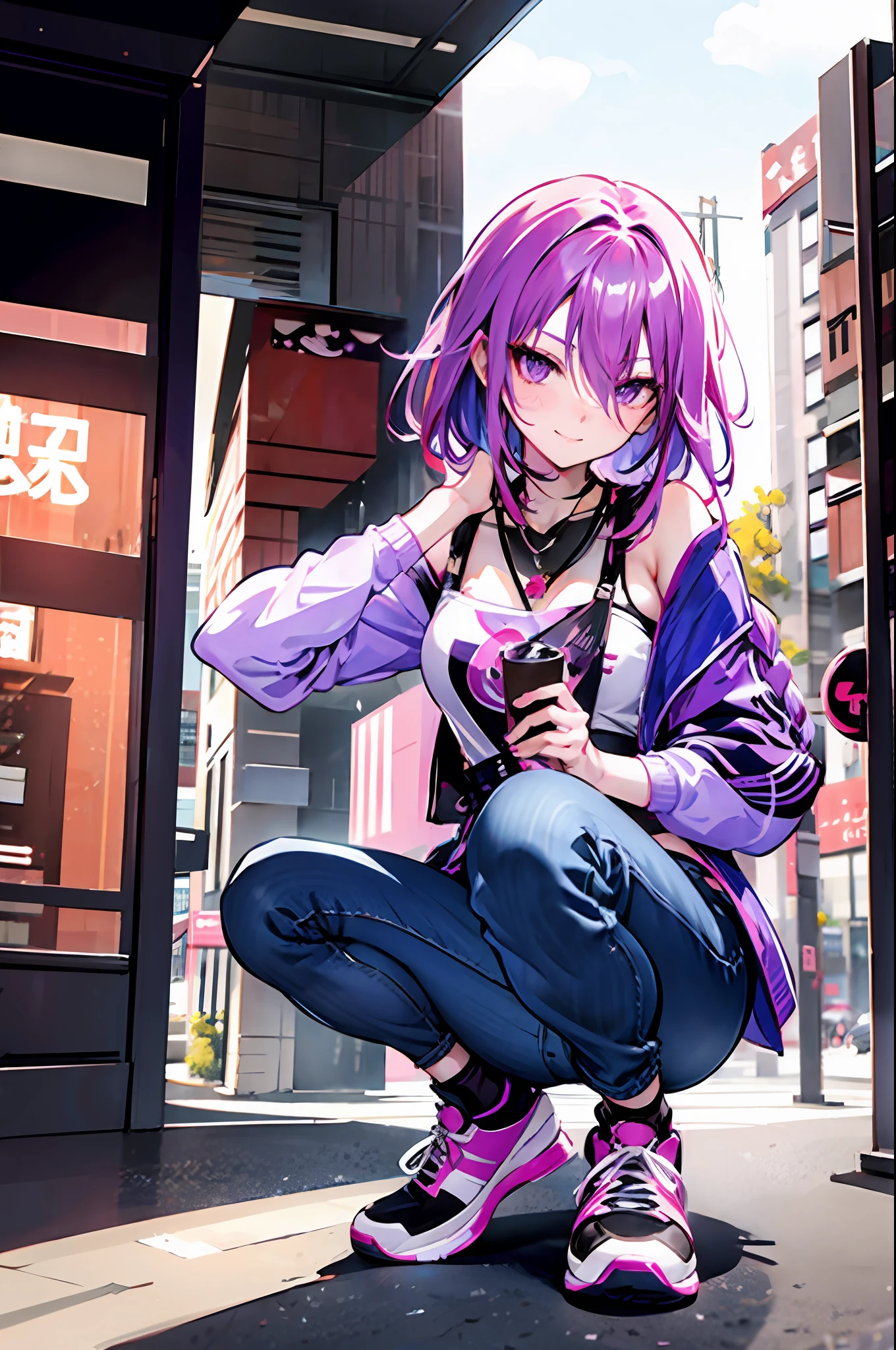 masterpiece, best quality, photorealistic, outdoors, beautiful lighting, cinematic lighting, wall, simple background, cafe, street, day, sunlight, in public, crowds
AND yae miko, pink hair, pink eyes, teasing, smug, smirk, head tilted, knee up, looking at viewer, glossy skin, pose, contrapposto, medium breasts, jeans, pants, long pants, denim, navel, midriff, nose blush, necklace, (sneakers:1.2)
AND raiden shogun, purple hair, purple eyes, serious, blush, looking at viewer, single braid, shirt, long hair, crossed legs, glossy skin, pose, squatting, medium breasts, jeans, pants, long pants, denim, smile, necklace,(sneakers:1.2),