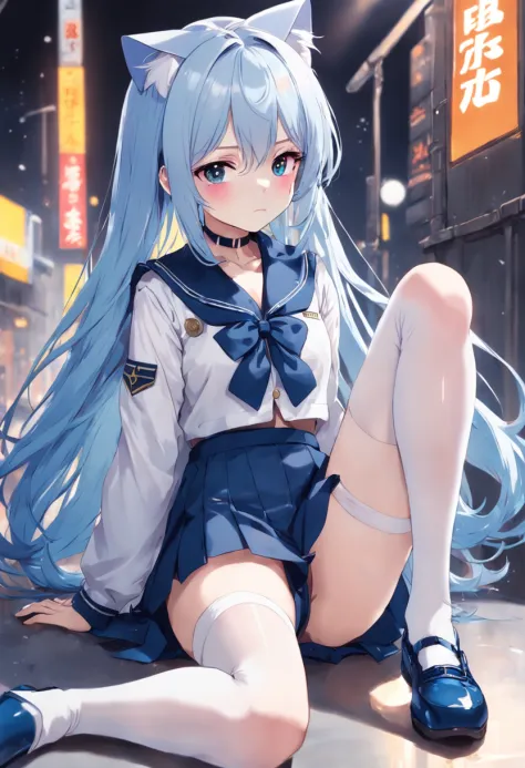 Blue hair, Girly, A half body, Thighs, Shy, Cat ears, White stockings white background feet JK uniform