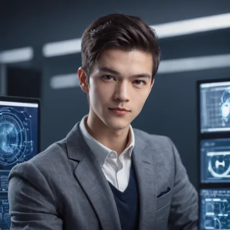 Create an image of a young man (around 25 years old) in modern clothing, working enthusiastically at a high-tech office desk. The office should look futuristic with advanced computer screens showing AI graphics. Use modern, tech-themed colors like dark blu...