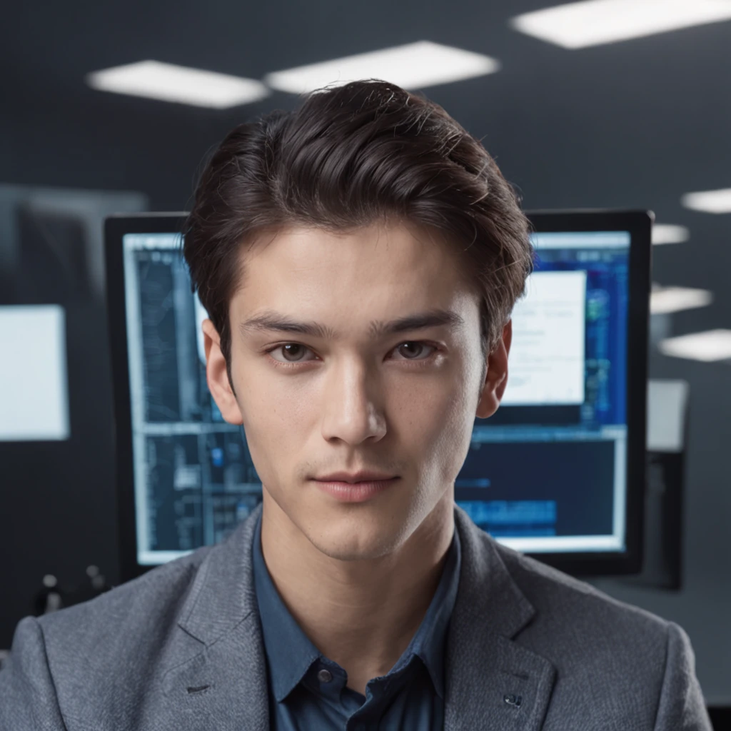 Create an image of a young man (around 25 years old) in modern clothing, working enthusiastically at a high-tech office desk. The office should look futuristic with advanced computer screens showing AI graphics. Use modern, tech-themed colors like dark blue and silver with some vibrant highlights. Include subtle AI-related visuals like stylized circuits.

Use a contemporary art style with clean lines and clear details. Show the young man as confident, determined, and passionate about AI. This image represents our innovative AI-focused company. Ensure it's high-quality for marketing and social media.