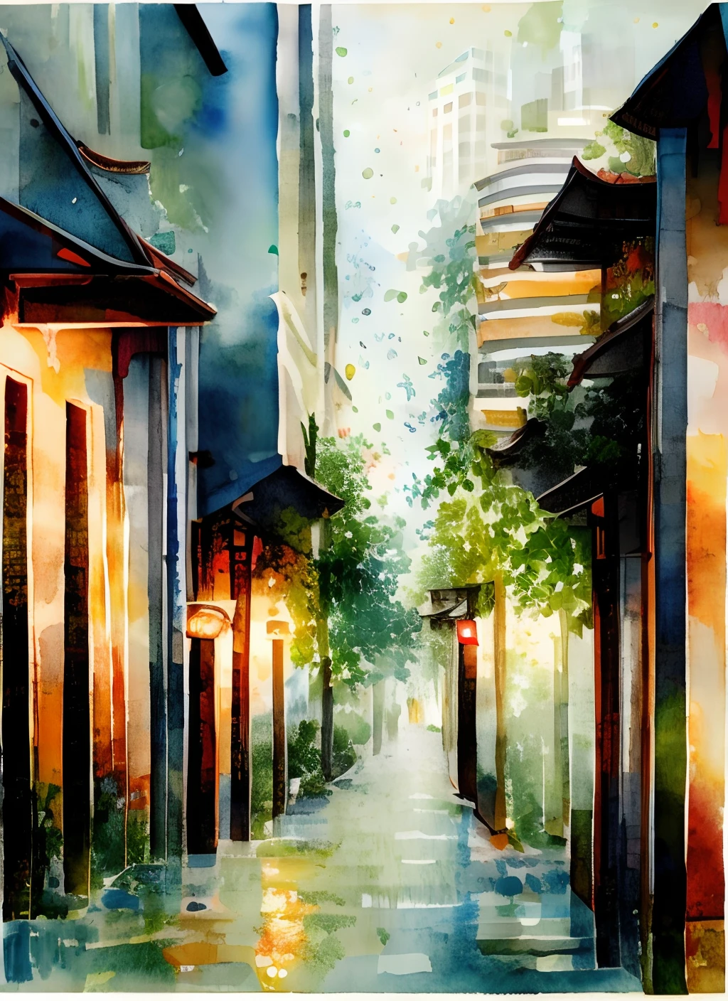 tmasterpiece，water color art，The streets of Hong Kong with light rain, Lots of pedestrians， Impressive speed and elegance, Bright lights, Night Road, Modern urban atmosphere.