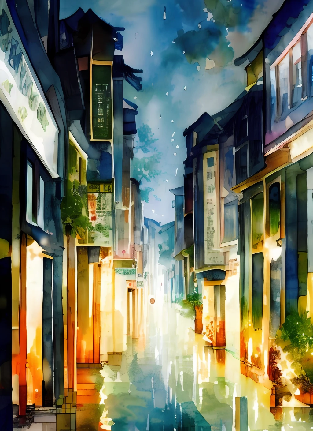 tmasterpiece，water color art，The streets of Hong Kong with light rain, Lots of pedestrians， Impressive speed and elegance, Bright lights, Night Road, Modern urban atmosphere.