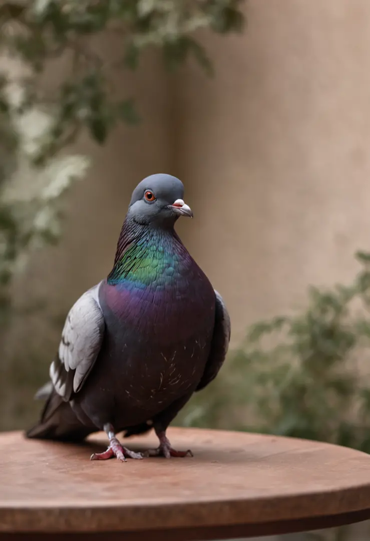 "Create an image featuring a black pigeon lying on a table, captured from the front. The pigeon should be in full view, with its feathers disheveled and a slightly dirty appearance. The scene should convey a sense of realism and detail, highlighting the pi...