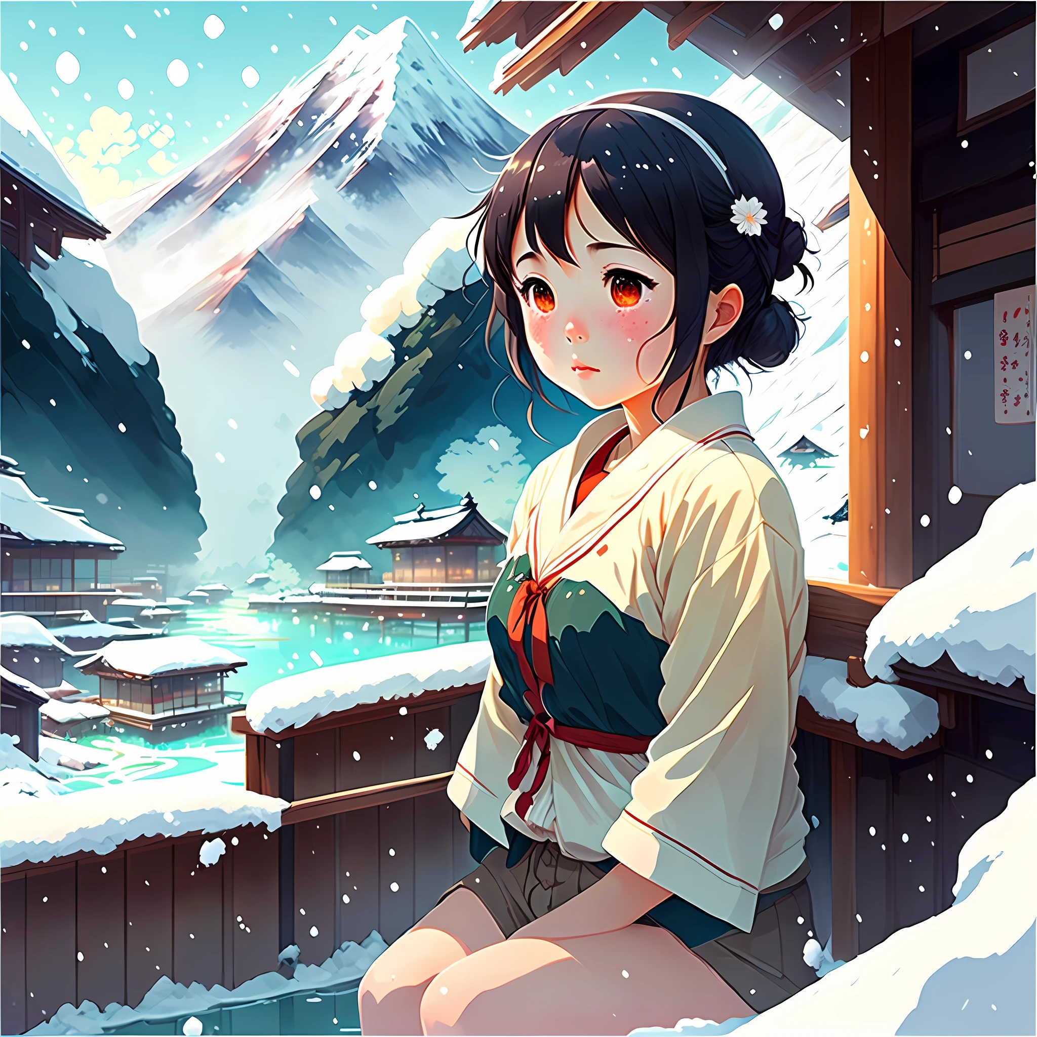 Beautiful and cute girl，hot onsen，weeping，SakuraNS，snow mountainakoto Shinkai painting style