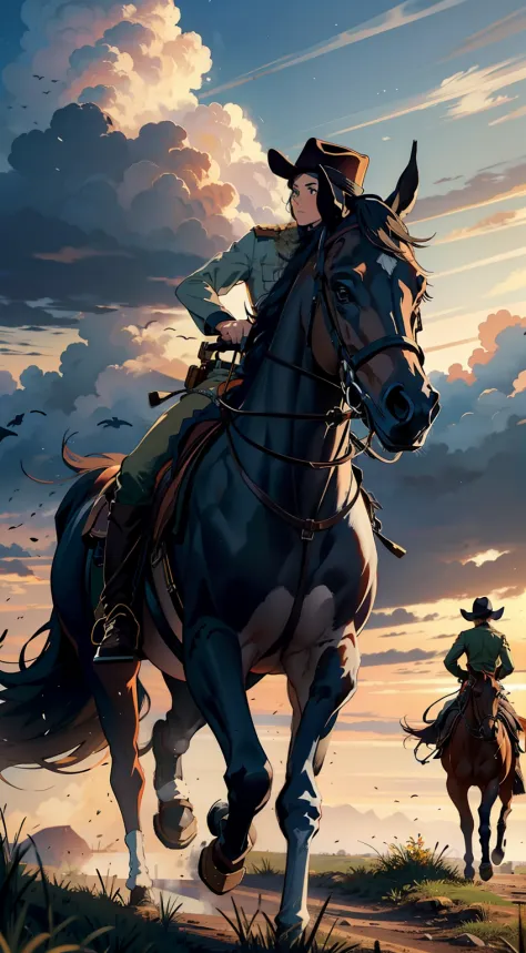 Western male hunter on horseback，Western hunters in berets ride on horseback，rider