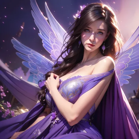 Beautiful girl with wings and a violet dress holding a violet flower, astral fairy, fantasy illustration, fantasy artwork, trending on artstation pixiv, high detailed official artwork, beautiful fantasy, fantasy art style, cushart krenz key art feminine, g...