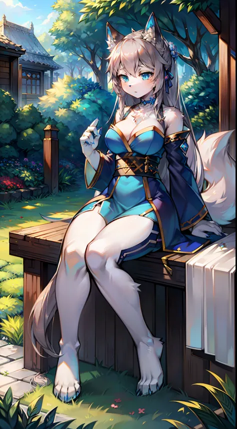 Hanfu，Big-tailed wolf，Gray hair，long whitr hair，blue color eyes，female，Garden background