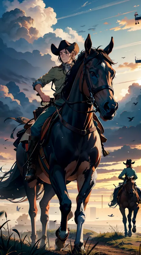 Western male hunter on horseback，Western hunters in berets ride on horseback，rider
