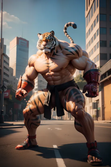 street-fighter, tiger-head, building-background, masterpiece, 3d render, high quality, high detailed, epic, dynamic effect, specular lighting, hdr, 8k full body picture quality, nanite raytraced, 8k resolution, intricate, dramatic, best quality, ultra high...