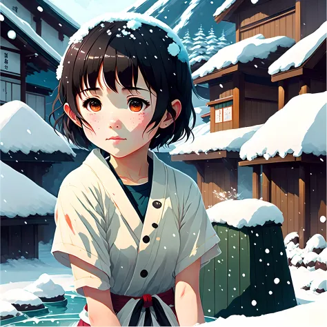 Beautiful and cute girl，hot onsen，weeping，SakuraNS，snow mountains，Makoto Shinkai painting style