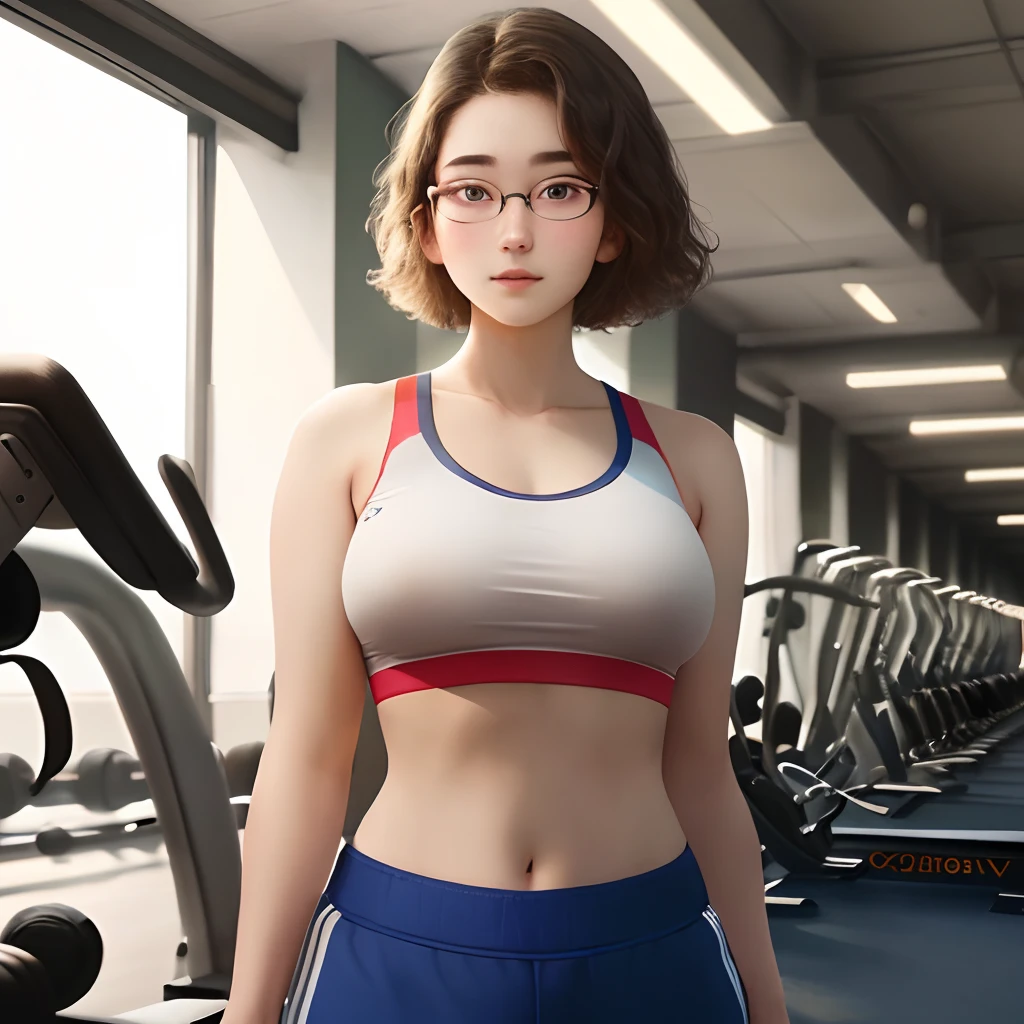 High realistic model, 1 Girl in School Gym, Detailed Clothes, Light and Slim Gym Clothes, (Delicate Illustration: 1.4), (Masterpiece: 1.0), (Best Quality: 1.4), (Ultra High Resolution: 1.2), (Photorealistic : 1.4), (8k, RAW photo: 1.2), (soft focus: 1.4), (18 years old: 1.3), (sharp focus: 1.4), beautiful detailed face, (short hair), round glasses, big boobs, extremly expose 