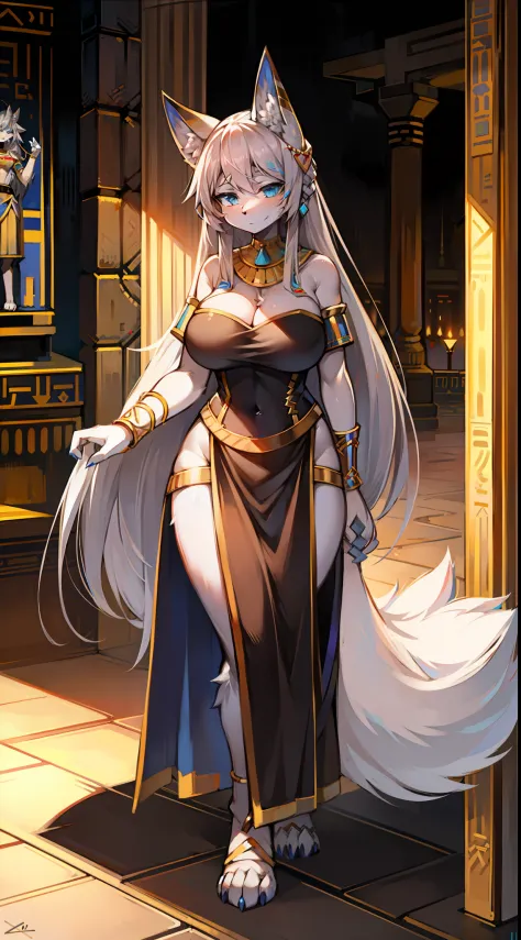 Egyptian dress-up，Big-tailed wolf，long whitr hair，Gray hair Blue eyes，female