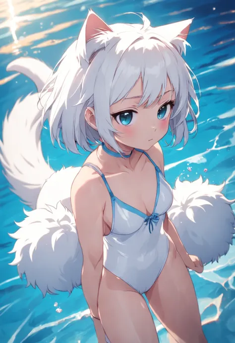 White fur cat ears girly swimsuit