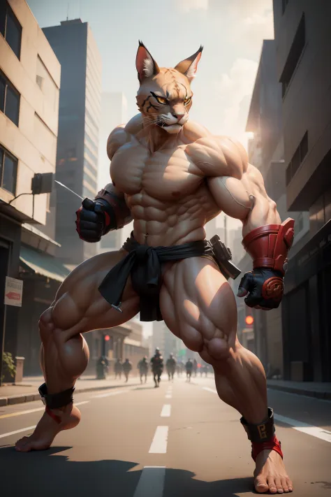 street-fighter, caracal-head, building-background, masterpiece, 3d render, high quality, high detailed, epic, dynamic effect, specular lighting, hdr, 8k full body picture quality, nanite raytraced, 8k resolution, intricate, dramatic, best quality, ultra hi...
