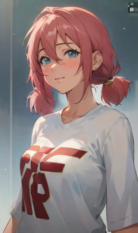 Anime girl with pink hair and white shirt with red and white letters, female protagonist 👀 :8, portrait anime girl, artgerm and atey ghailan, best anime 4k konachan wallpaper, cute anime girl portrait, smooth anime cg art, guweiz on pixiv artstation, portr...