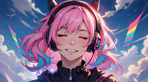 anime girl with pink hair and headphones smiling at the camera, anime style 4 k, nightcore, anime moe artstyle, best anime 4k ko...