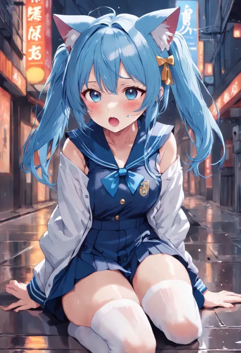 Blue hair, girly,  Half body Thigh face shy cat ears White stockings No background feet JK uniform wet open mouth