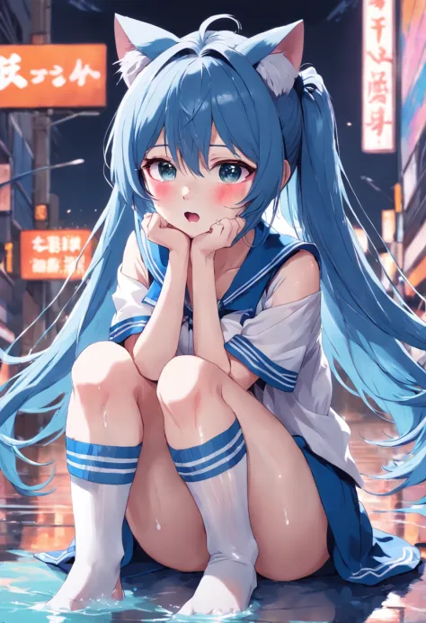 Blue hair, girly,  Half body Thigh face shy cat ears White stockings No background feet JK uniform wet open mouth