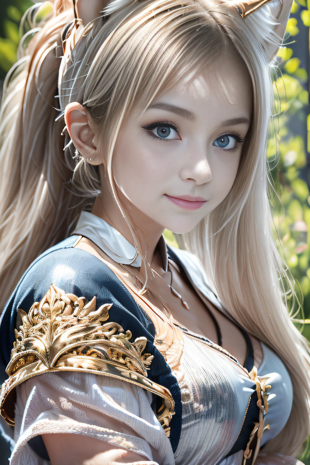 bright expression、poneyTail、young and shiny white shiny skin、Best Looks、Gold reflects light、Platinum blonde hair，Shine brightly、Shiny light hair,、Super long silky straight hair、Beautiful bangs that shine、Big blue eyes that sparkle like crystal clear and charming、Very nice and lovely 16 year old girl、Lush bust,Beautiful detailed eyes, Beautiful detailed nose,(( full bodyesbian:1.25)),Eyes emphasize makeup、((Pleated pleated skirt)),A woman like Joan of Arc、Knights, With a sword and shield，Royal style，Comic style, , Sub-surface scattering, ornate detail, nature backdrop, Hyper-realistic, Cinematic, Dramatic lighting, masutepiece、Armor with a wolf motif、((Wolf ears))、