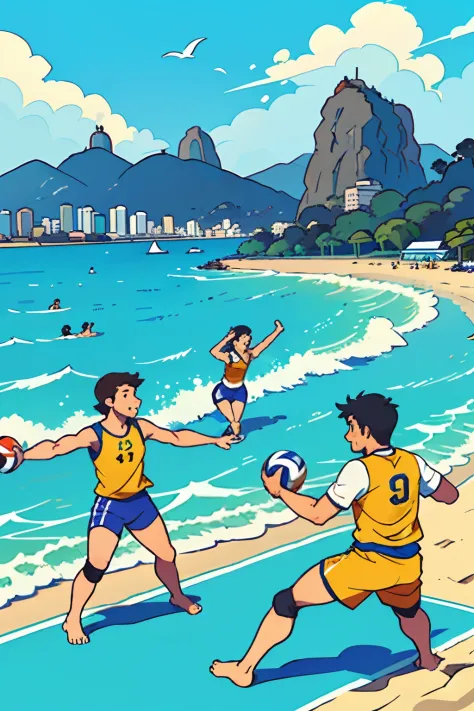Ilustre uma cena ensolarada de praia no Rio de Janeiro, with people having fun playing volleyball, praticando capoeira e relaxando na areia. Include the iconic Sugarloaf Mountain and the city's characteristic skyline.