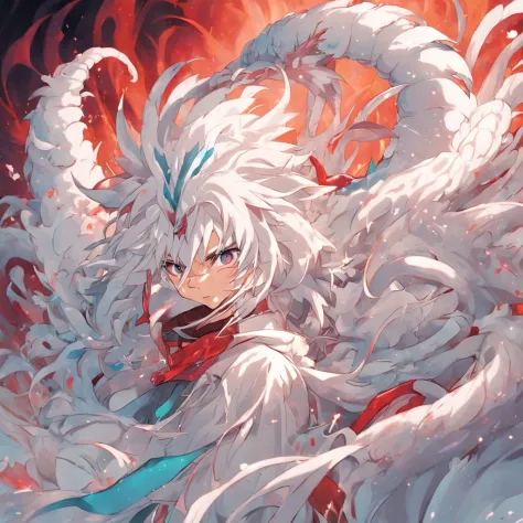 cephalopod, white feathered tentacles, brown and red fur, white mane, glowing teal eyes, king of demons and personification of the west wind, masterpiece, Best Quality