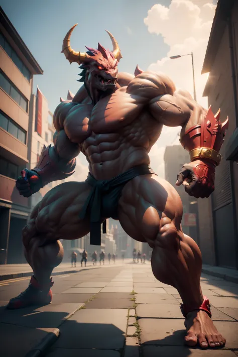 street-fighter, dragon-head, building-background, masterpiece, 3d render, high quality, high detailed, epic, dynamic effect, specular lighting, hdr, 8k full body picture quality, nanite raytraced, 8k resolution, intricate, dramatic, best quality, ultra hig...