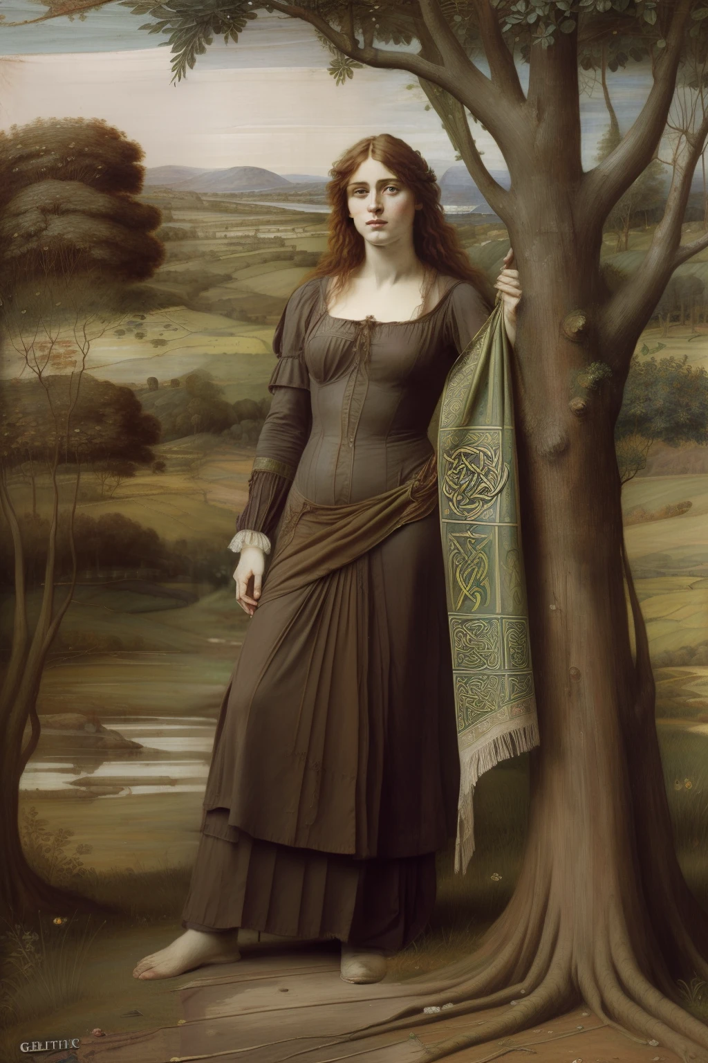 (((Pre-Raphaelite painting of poor tattered Celtic hangs a cloth from the gualet of a tree, Floresta celta)))