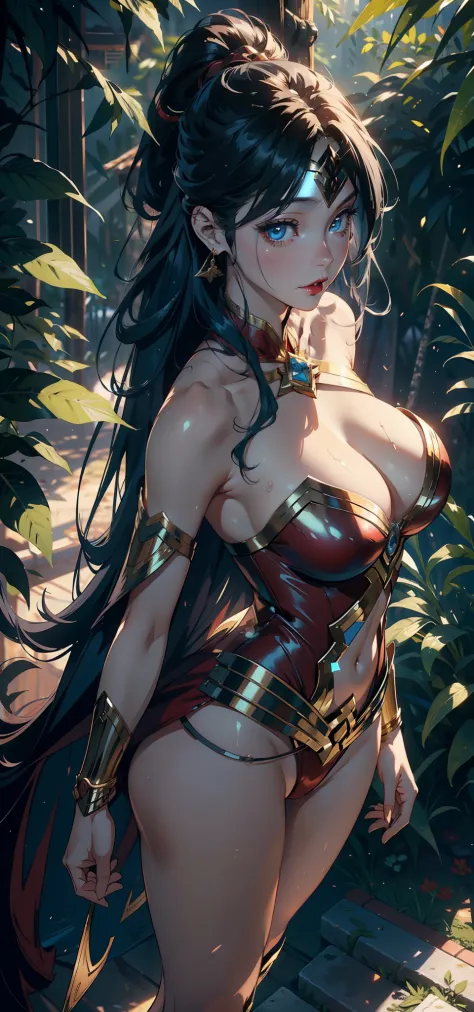 1female，35yo，熟妇，Slim，Tall，gigantic cleavage breasts，Big breasts Thin waist，slenderlegs，Pornographic exposure， 独奏，（Background with：ln the forest，the rainforest，in summer） She has long blue hair，standing on your feet，Sweat profusely，drenched all over the bod...