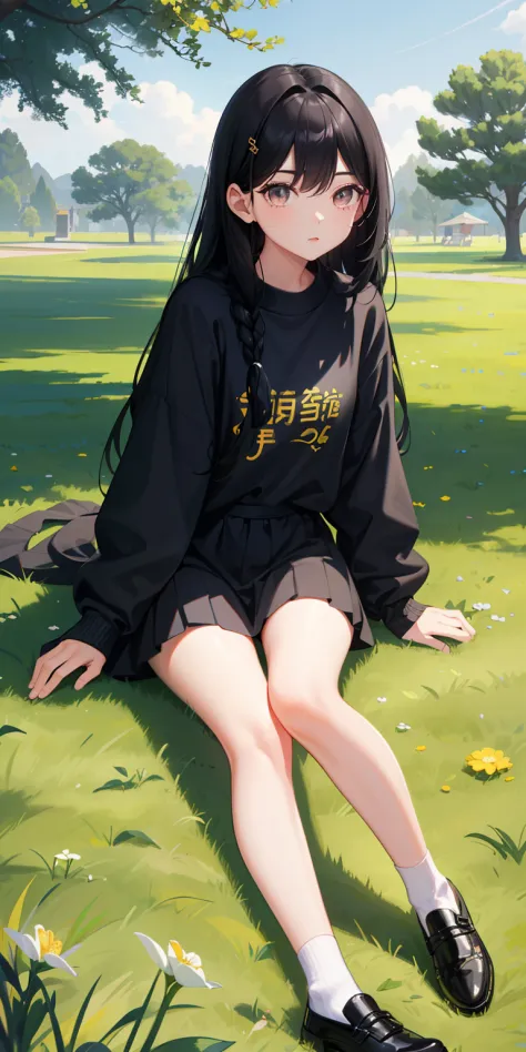 High- sharpness，Kizi，The youngest daughter，super adorable，Black hair，Glazed eyes，Sit on the lawn，Side face
