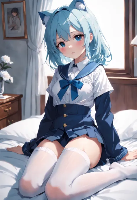 Blue hair, Girly,  Half body thigh face shy cat ears white stockings on white bed feet JK uniform