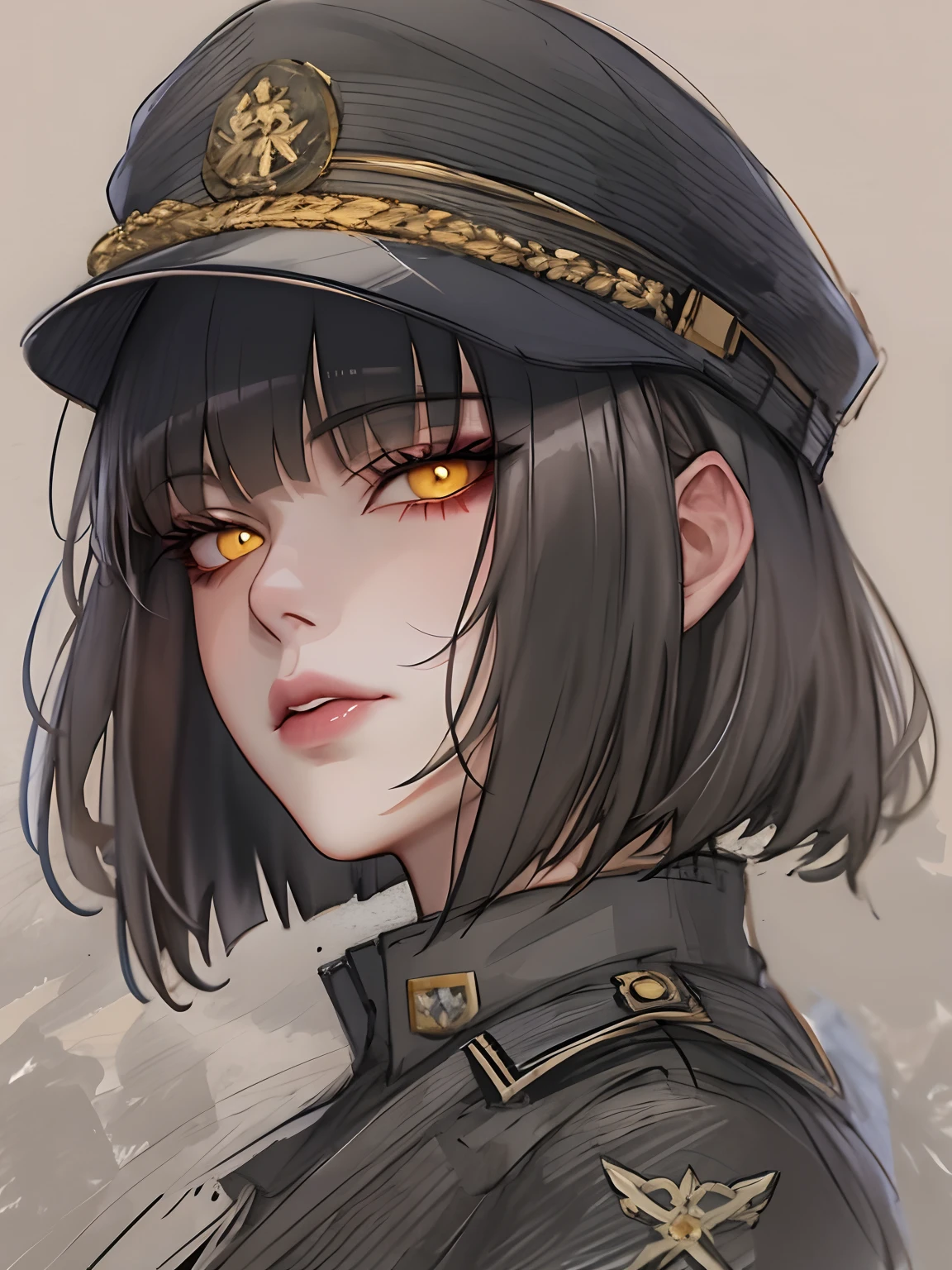 1girl, villainy, Yellow eyes, bangs, blunt bangs, bob cut, closed mouth, lips, looking a viewer, Portrait, Short hair, Sketch, solo, black military uniform, cape, Portrait