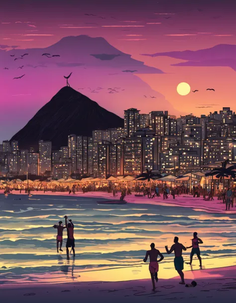 Ilustre uma cena ensolarada de praia no Rio de Janeiro, with people playing volleyball, praticando capoeira e relaxando na areia. Include Sugarloaf Mountain and the city's characteristic skyline.