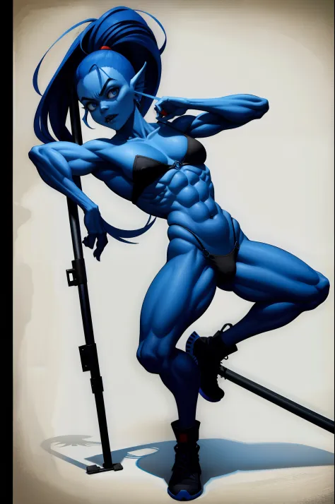 blueskin hench undyne the undying crouch low dip low twerking showcasing her low drop flex theighs glutes a sniper rifle like a pole