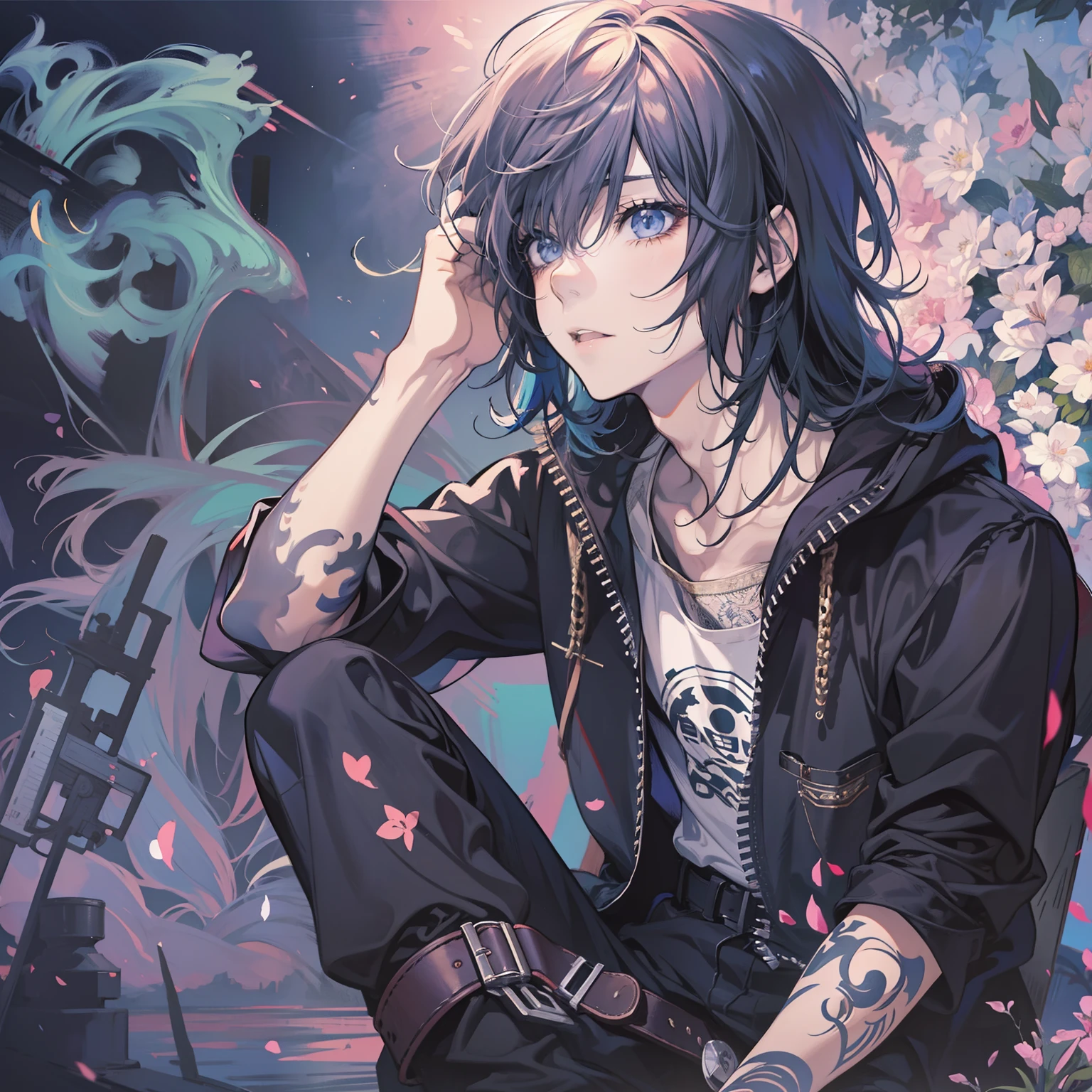 Anime boy with long hair sitting on the ground with a tattoo on his arm -  SeaArt AI