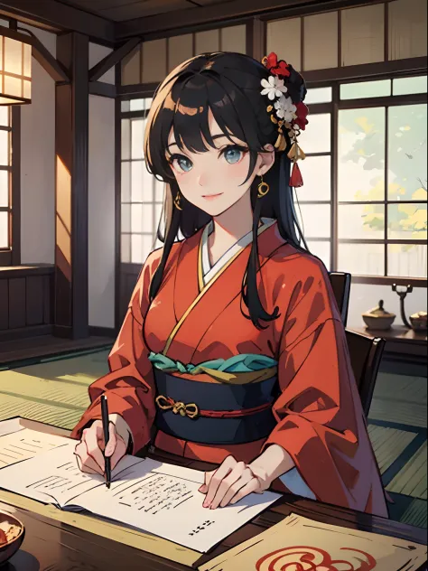 Master Pieces,hyper quality, Hyper Detailed,Perfect drawing,独奏、Beauty in the world、Komono、Japanese dress、Black-haired、Japanese hair、Colorful Japan kimono、Uchikake、Nishijin Ori、Delicate and smart eyes、ssmile、sidelong glance、Graceful、Gorgeous、Beautiful、red b...