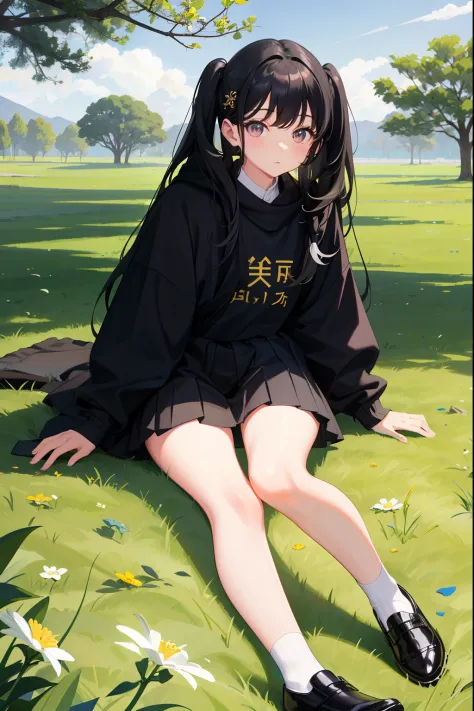 High- sharpness，Kizi，The youngest daughter，super adorable，Black hair，Glazed eyes，Sit on the lawn，white stockings