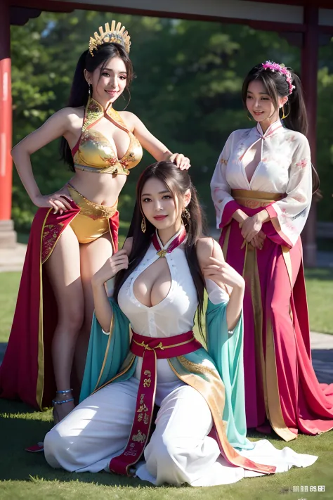 Transparent uniform, realistic style, breasts looming, (Beauty Breast Grab: 1.1), (Clear Shirt: 1.2), (Open Shirt), (Huge Breasts: 3.0) Light Clothes, Sleeveless, Huge Breasts, Straight Breasts Close-up of four women kneeling in pose for photos, surreal fu...